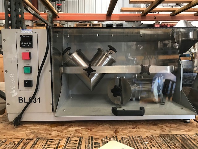 used Patterson Kelley Yoke Style Blendmaster Laboratory Mixer. Twin Shell V Blender. Includes (2) Stainless Steel Shells. (1) Shell is 4